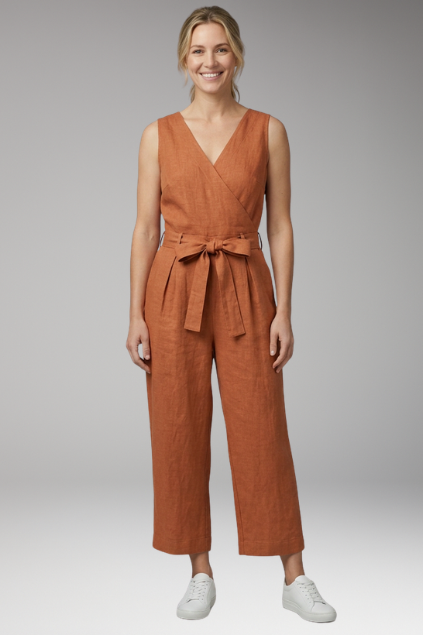 Women's Jumpsuit with V Neck and Waist Tie Belt