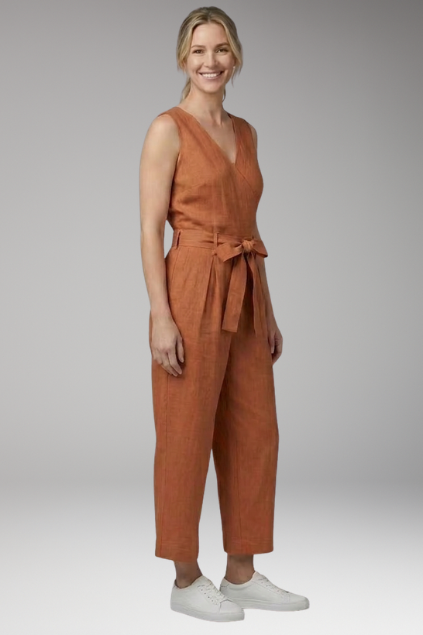 Women's Jumpsuit with V Neck and Waist Tie Belt