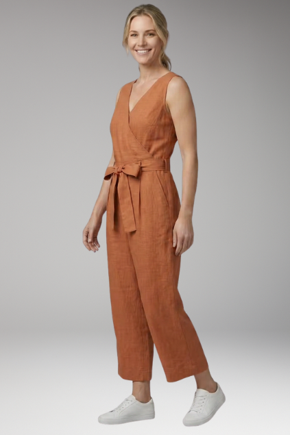 Women's Jumpsuit with V Neck and Waist Tie Belt