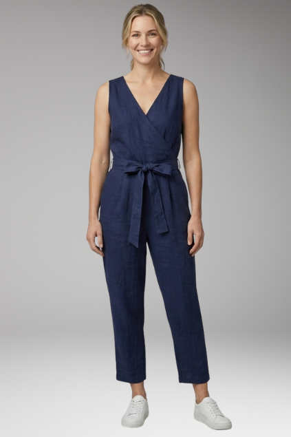 Women's Jumpsuit with V Neck and Waist Tie Belt