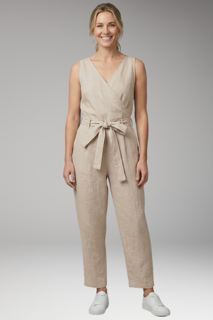 Women's Jumpsuit with V Neck and Waist Tie Belt