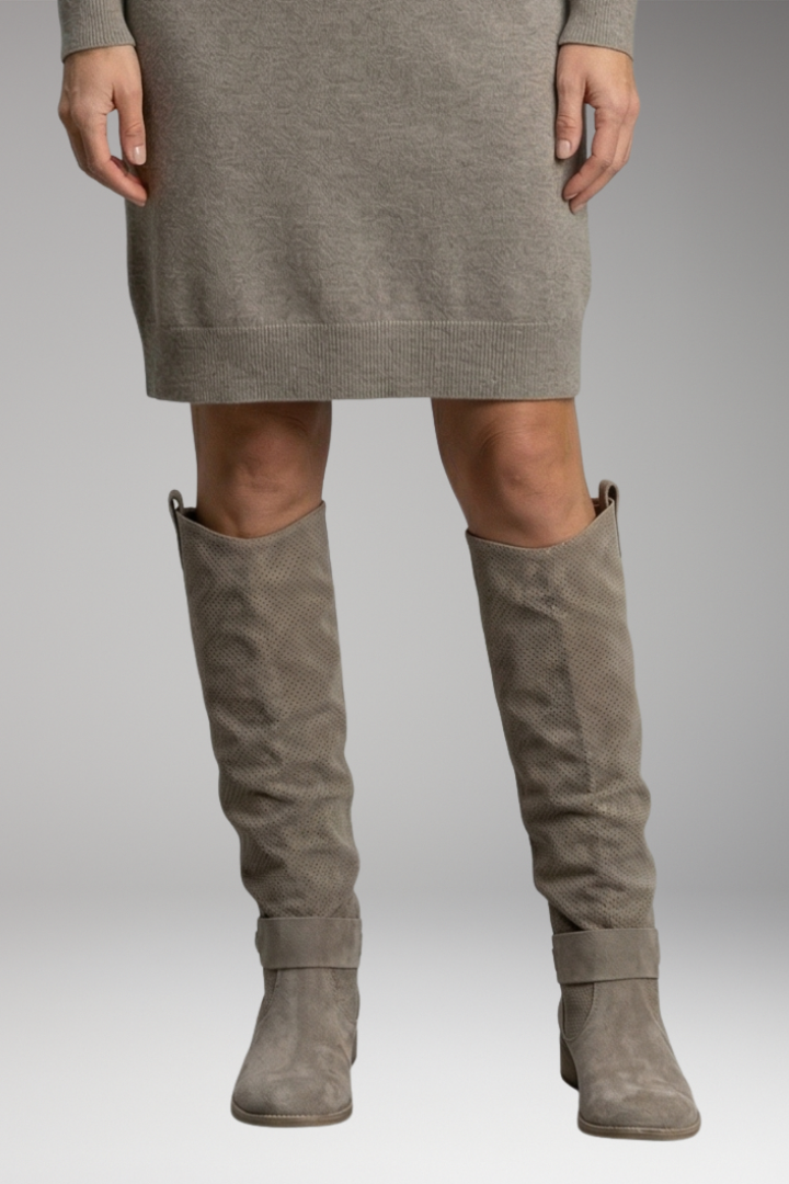 Women's Knee-High Boots with Perforated Shaft and Low Block Heel