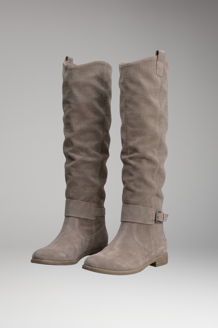 Women's Knee-High Boots with Perforated Shaft and Low Block Heel