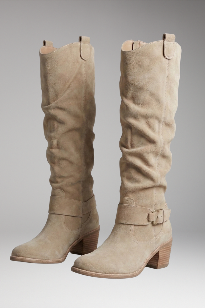 Women's Knee-High Boots with Perforated Shaft and Side Zip