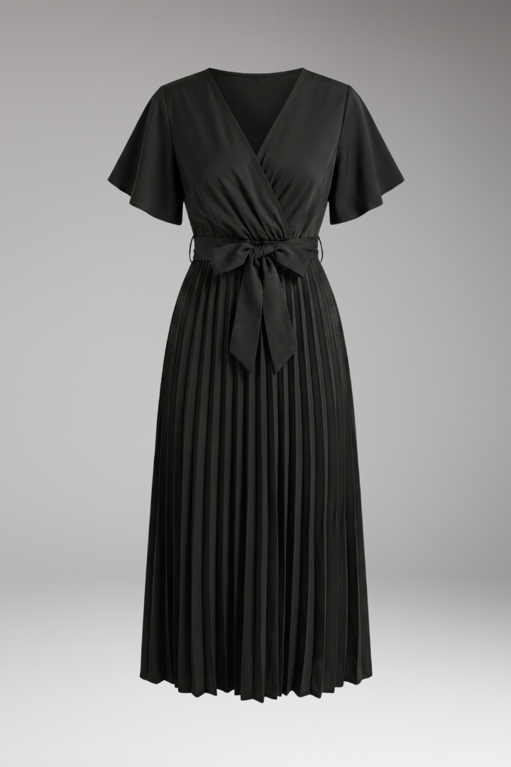 Women's Knee-Length Pleated Dress with High Waist and V-Neck