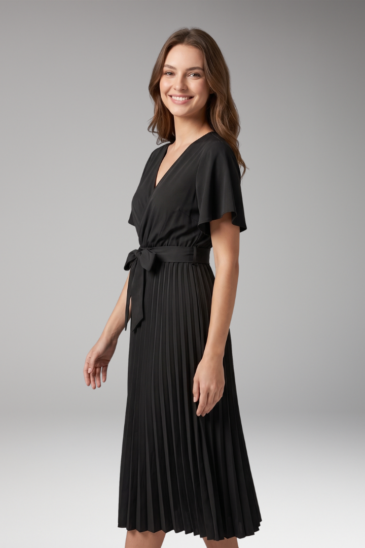 Women's Knee-Length Pleated Dress with High Waist and V-Neck