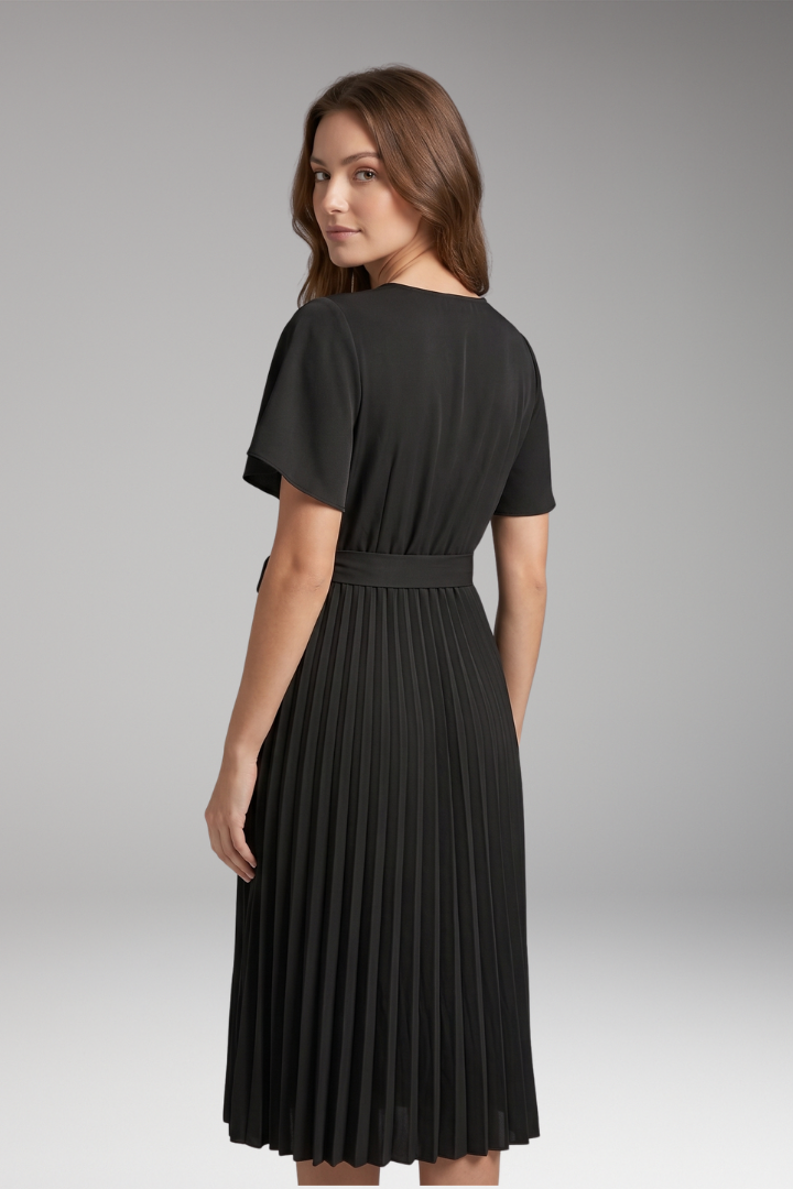 Women's Knee-Length Pleated Dress with High Waist and V-Neck