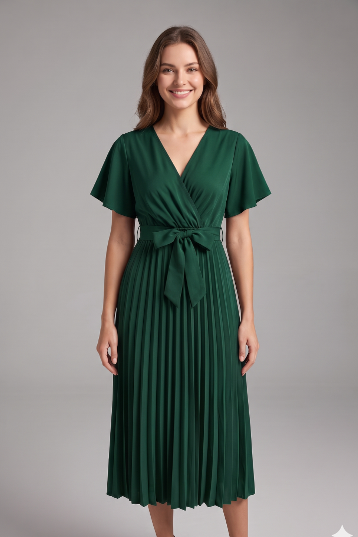 Women's Knee-Length Pleated Dress with High Waist and V-Neck