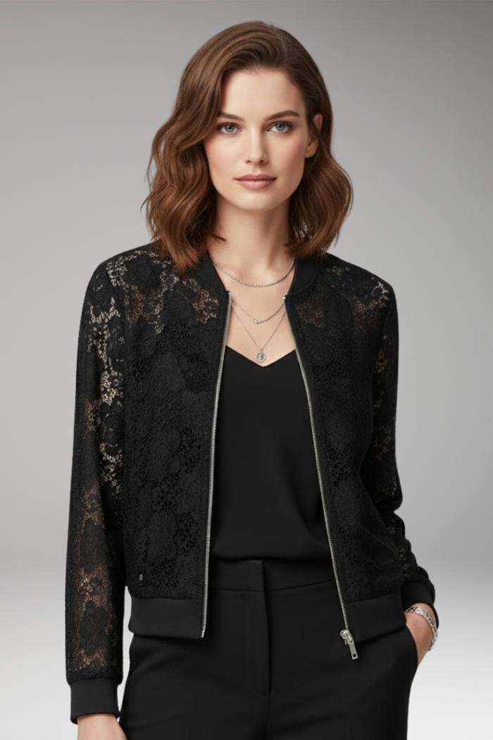 Women's Lace Bomber Jacket with Zip and Elastic Cuffs