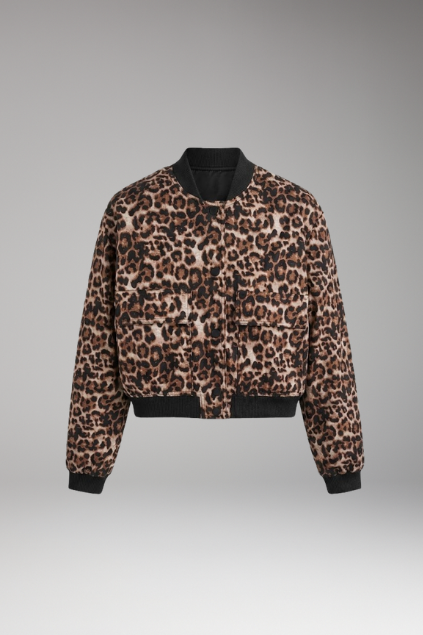 Women's Leopard Print Cropped Bomber Jacket with Snap Button Closure