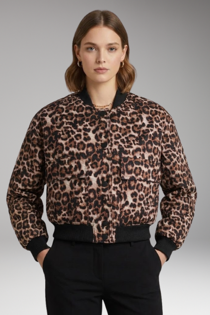 Women's Leopard Print Cropped Bomber Jacket with Snap Button Closure