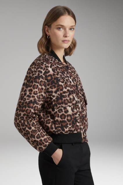 Women's Leopard Print Cropped Bomber Jacket with Snap Button Closure