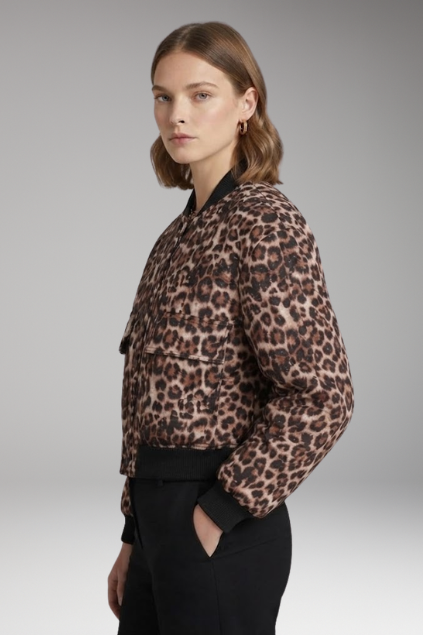 Women's Leopard Print Cropped Bomber Jacket with Snap Button Closure
