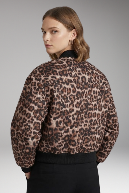 Women's Leopard Print Cropped Bomber Jacket with Snap Button Closure