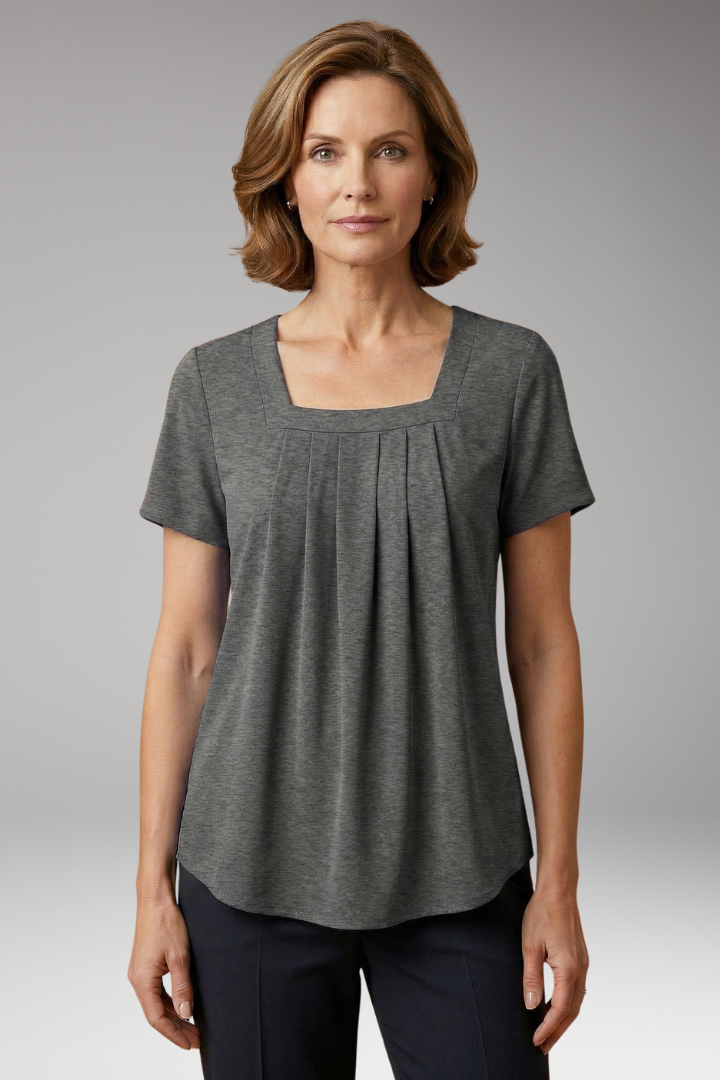 Women's Lightweight Pleated Blouse with Square Neckline and Short Sleeves