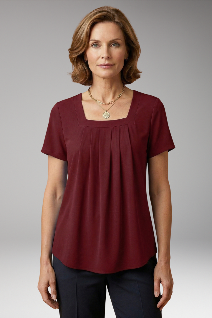 Women's Lightweight Pleated Blouse with Square Neckline and Short Sleeves