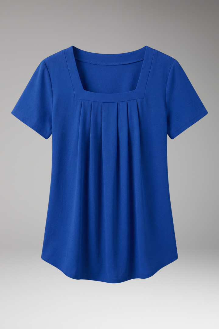 Women's Lightweight Pleated Blouse with Square Neckline and Short Sleeves