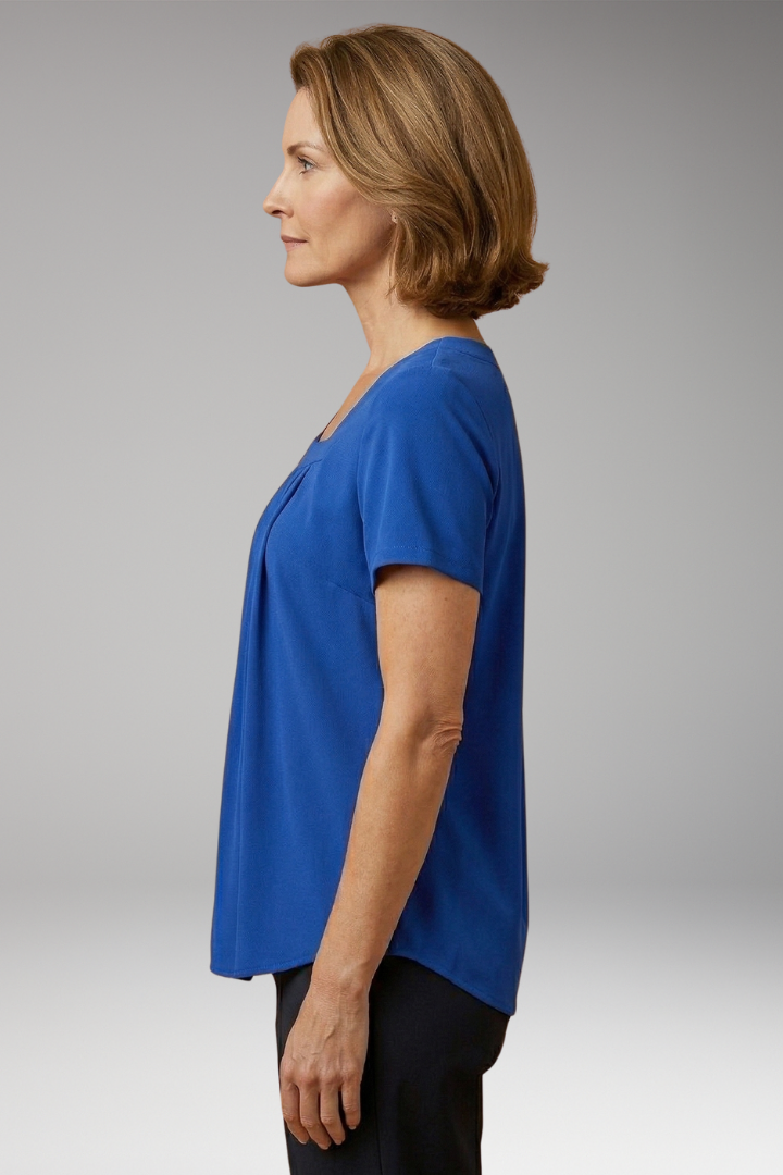 Women's Lightweight Pleated Blouse with Square Neckline and Short Sleeves