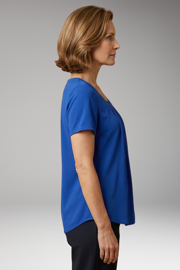 Women's Lightweight Pleated Blouse with Square Neckline and Short Sleeves