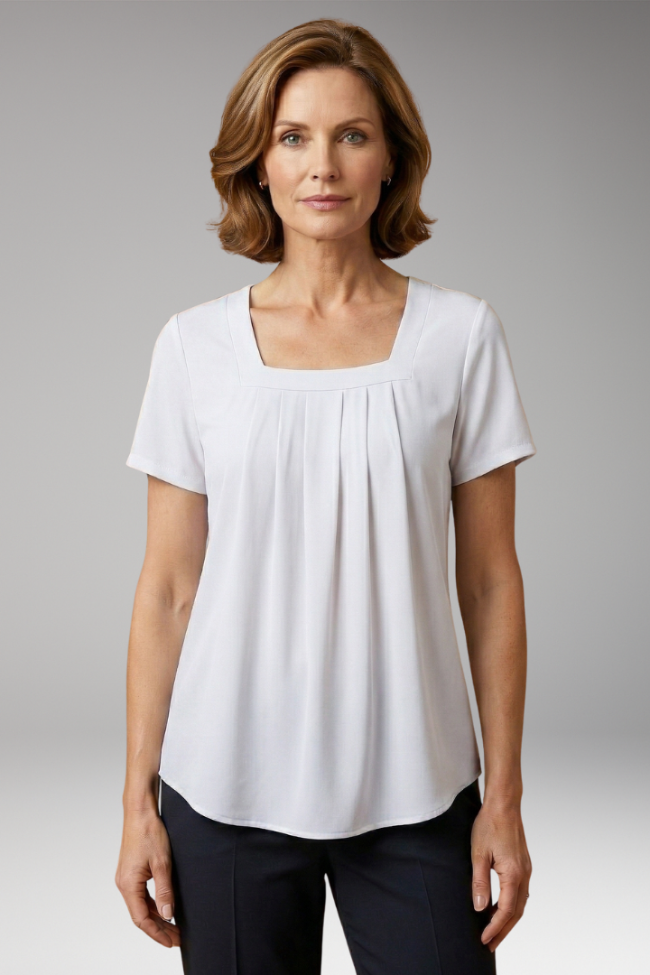 Women's Lightweight Pleated Blouse with Square Neckline and Short Sleeves