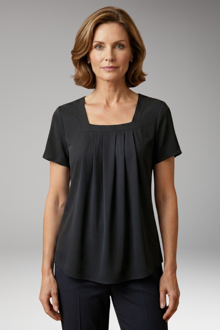 Women's Lightweight Pleated Blouse with Square Neckline and Short Sleeves