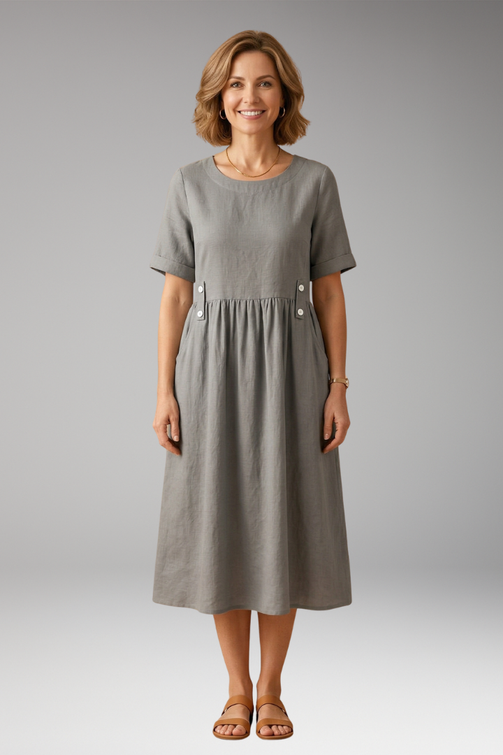 Women's Lightweight Summer Midi Dress with Round Neckline and Loose Fit