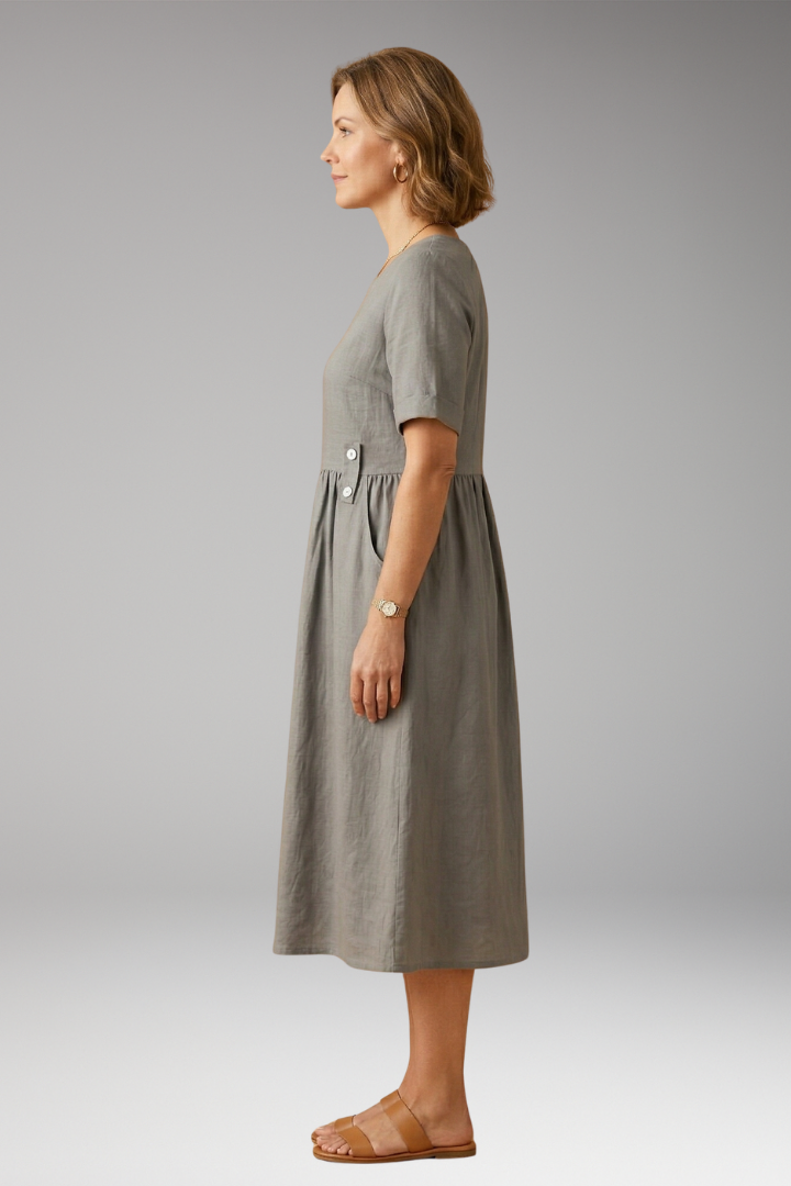 Women's Lightweight Summer Midi Dress with Round Neckline and Loose Fit