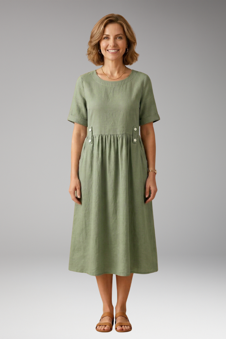 Women's Lightweight Summer Midi Dress with Round Neckline and Loose Fit