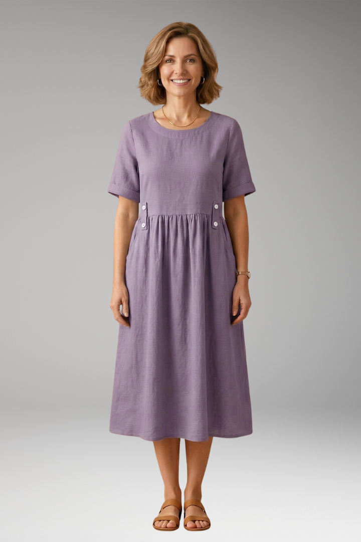 Women's Lightweight Summer Midi Dress with Round Neckline and Loose Fit