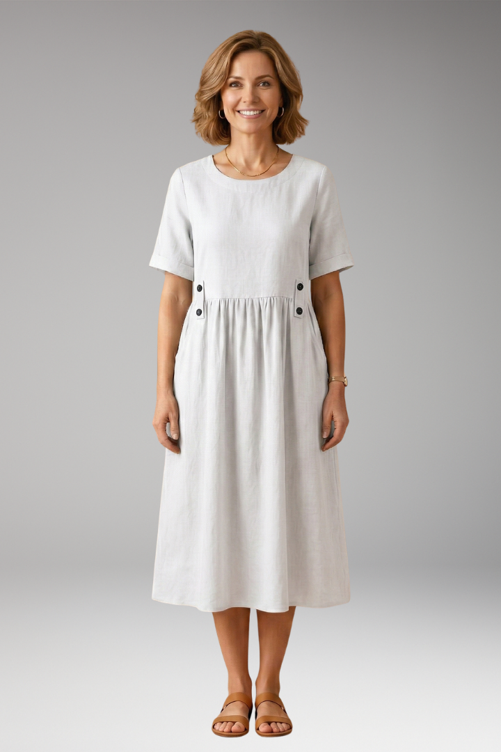 Women's Lightweight Summer Midi Dress with Round Neckline and Loose Fit