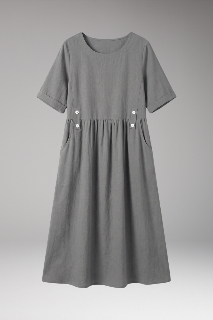 Women's Lightweight Summer Midi Dress with Round Neckline and Loose Fit