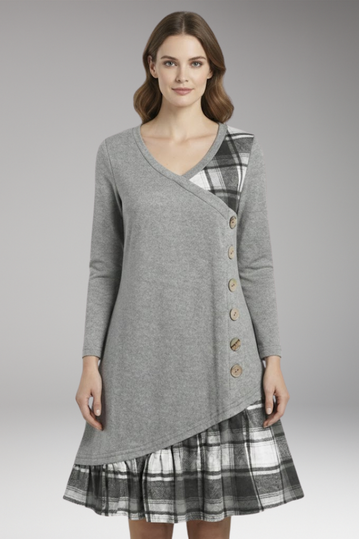 Women's Long-Sleeved Plaid Dress with High Collar and A-Line Skirt