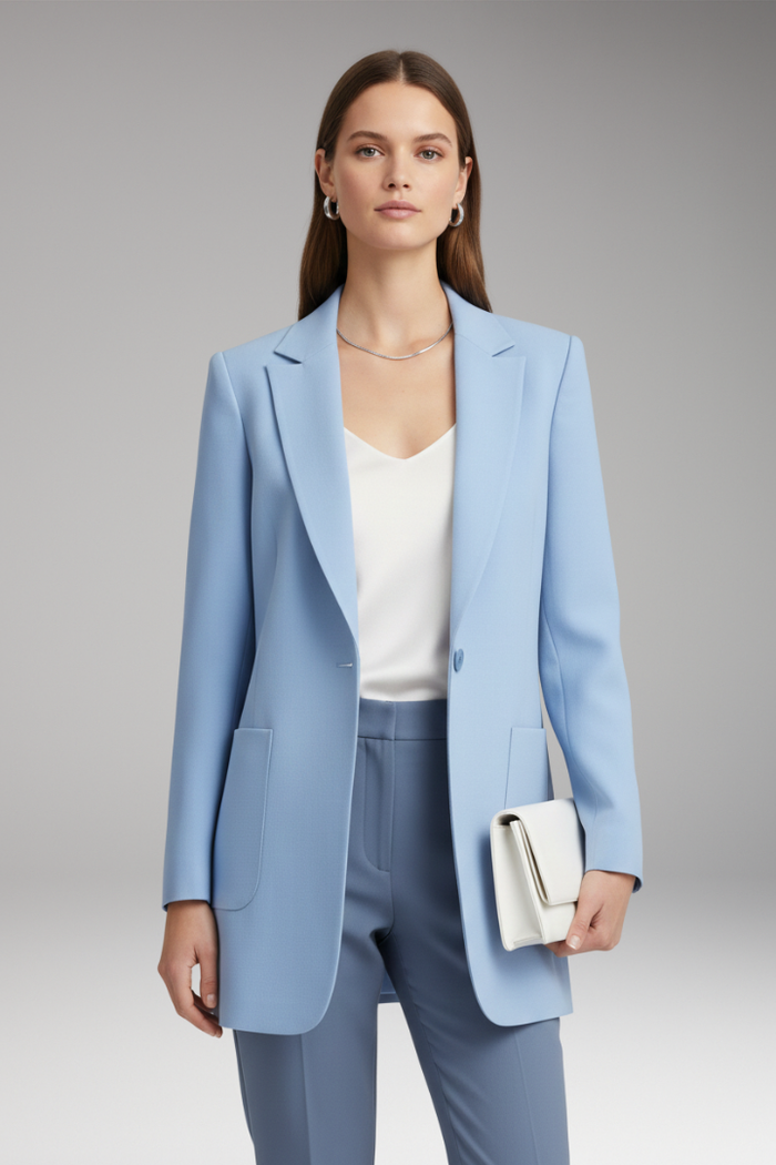 Women's Long Blazer with Notched Collar and Patch Pockets