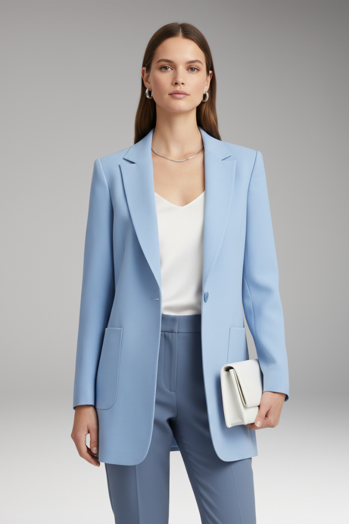 Women's Long Blazer with Notched Collar and Patch Pockets