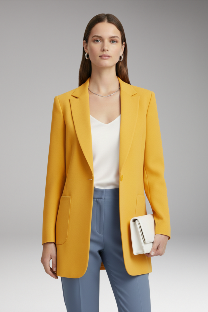 Women's Long Blazer with Notched Collar and Patch Pockets