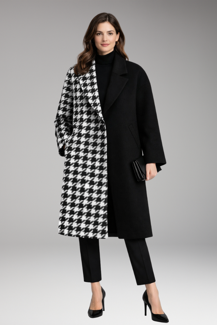 Women's Long Coat with Notched Collar and Side Pockets