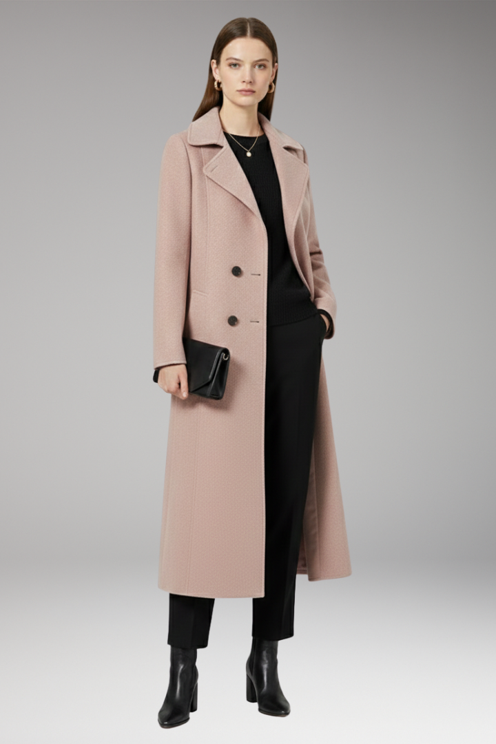 Women's Long Coat with Turned-Down Collar and Welt Pockets
