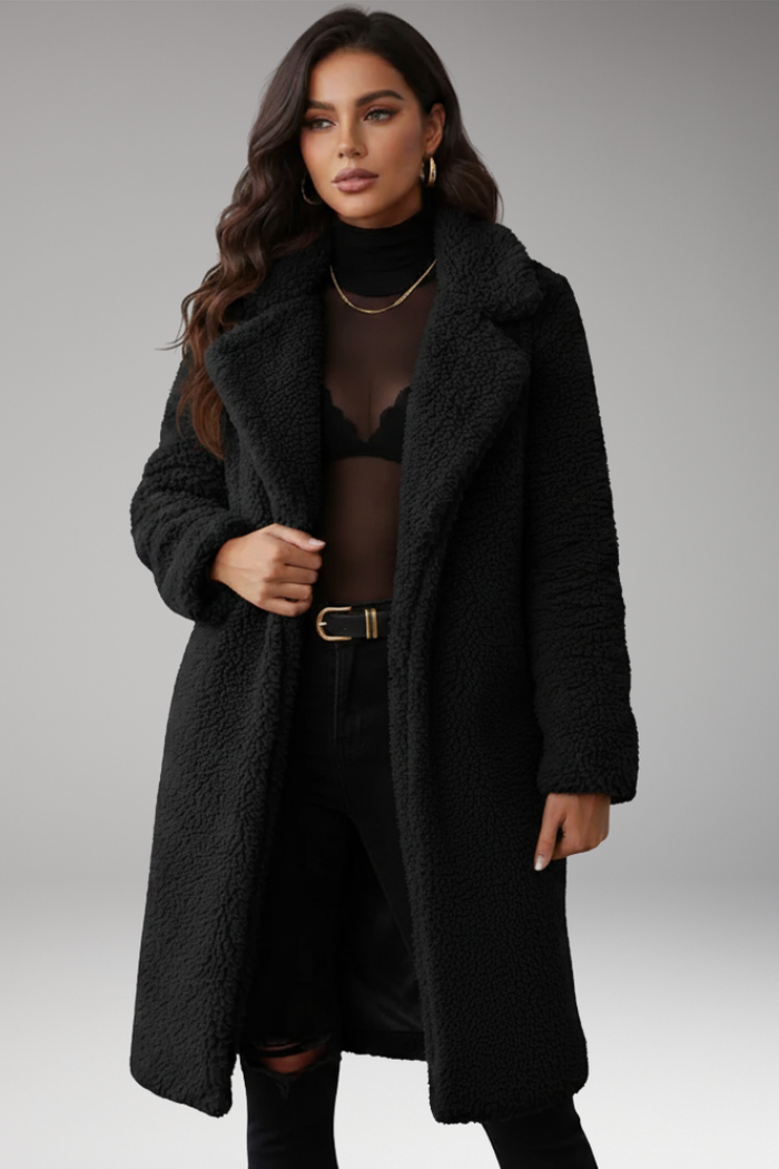 Women's Long Jacket with Lapels and Textured Surface
