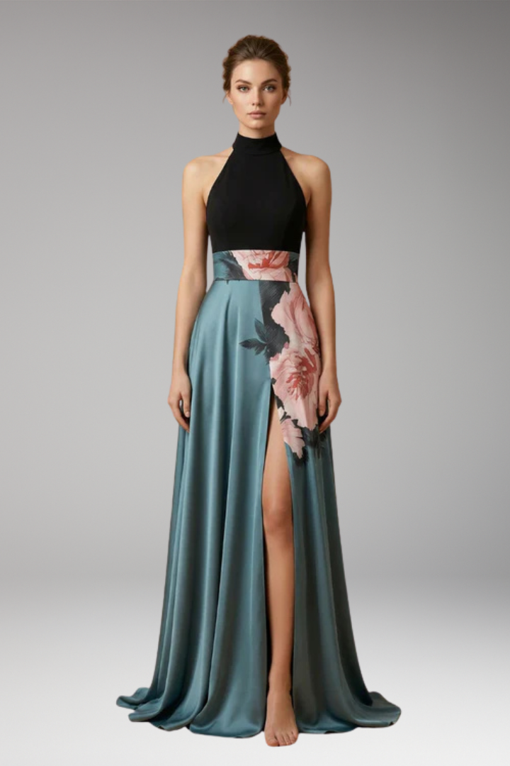 Women's Maxi Dress with High Neck and Side Slit
