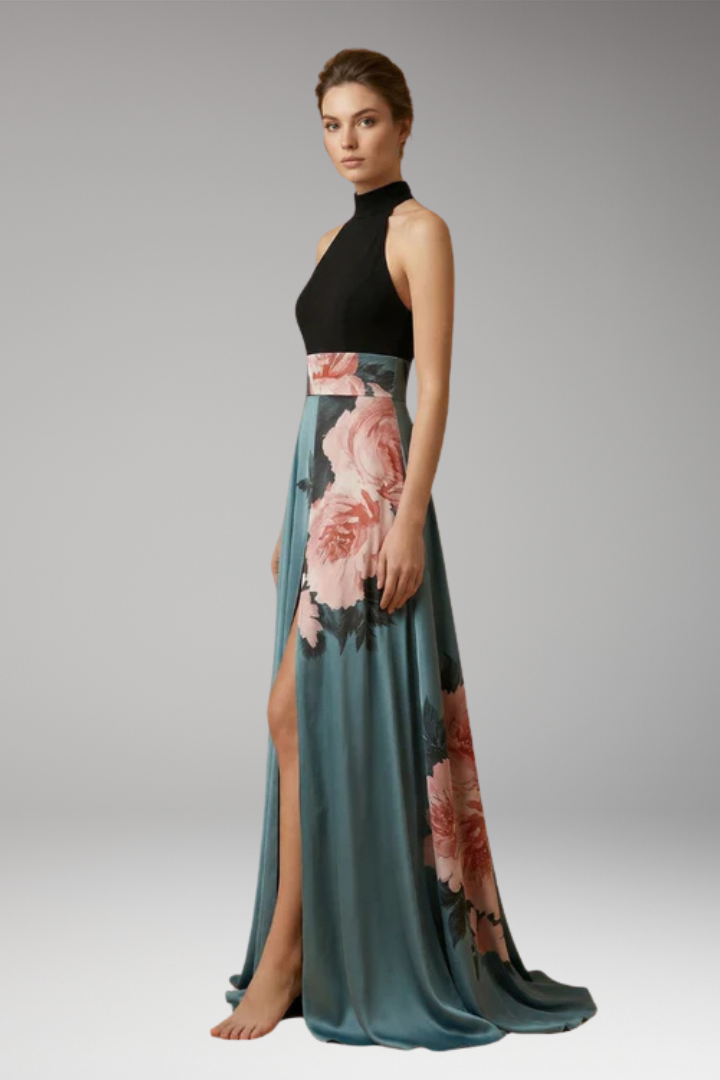 Women's Maxi Dress with High Neck and Side Slit