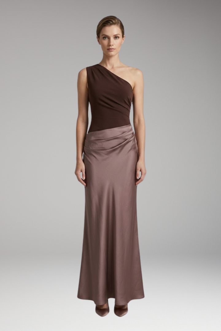 Women's Maxi Dress with One-Shoulder and Pleated Design