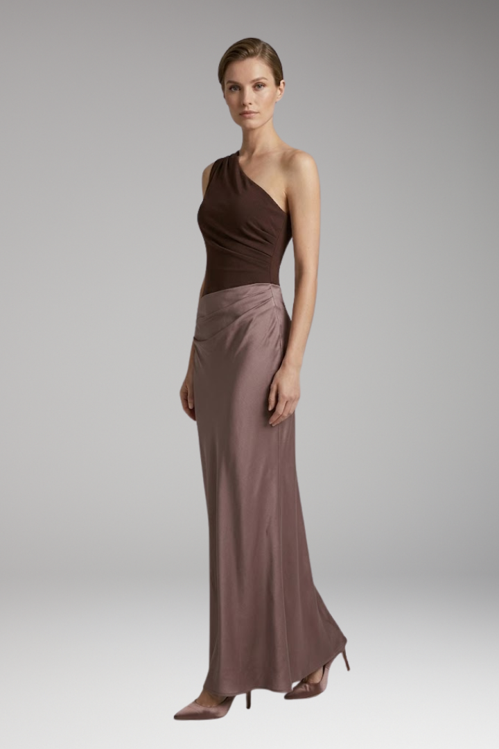 Women's Maxi Dress with One-Shoulder and Pleated Design