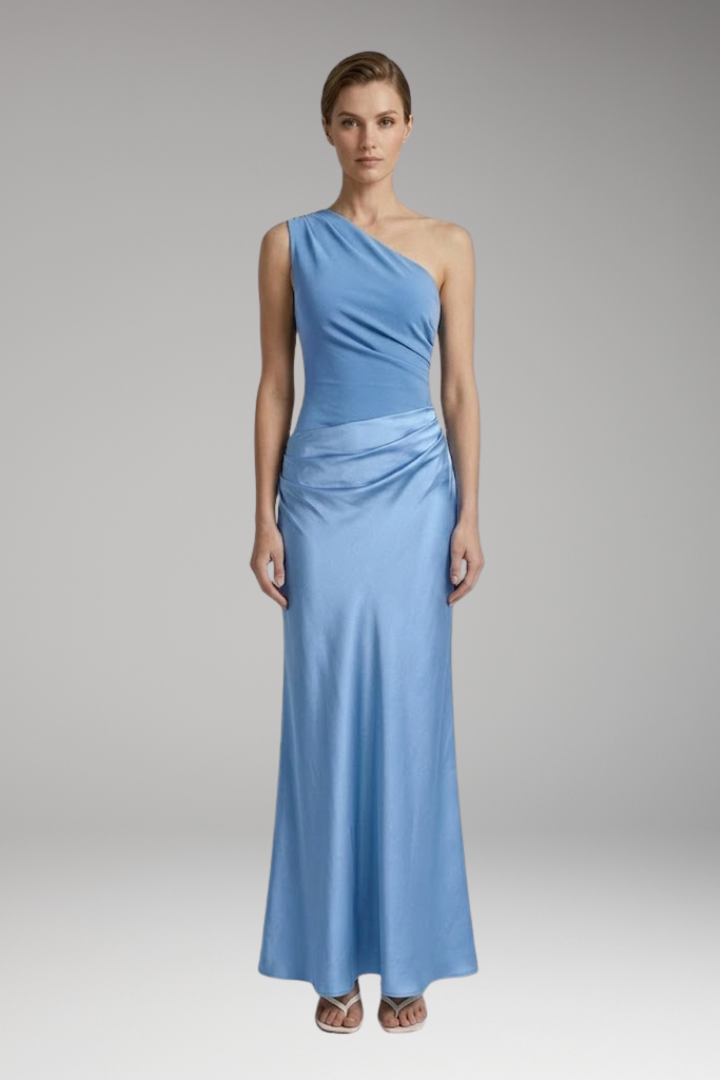 Women's Maxi Dress with One-Shoulder and Pleated Design
