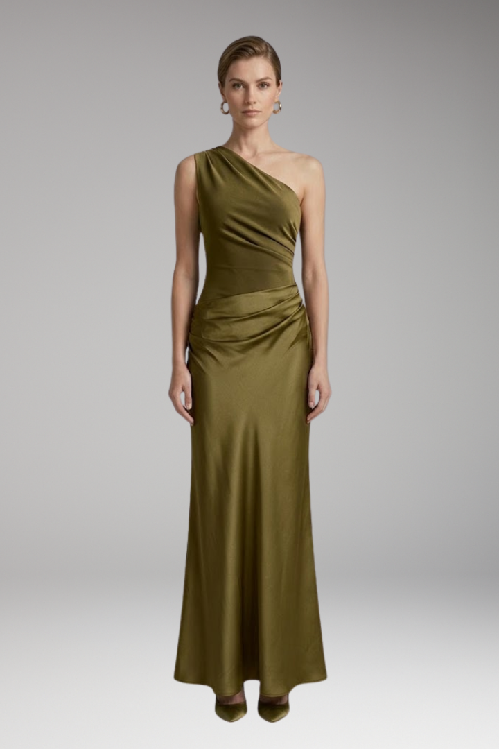 Women's Maxi Dress with One-Shoulder and Pleated Design