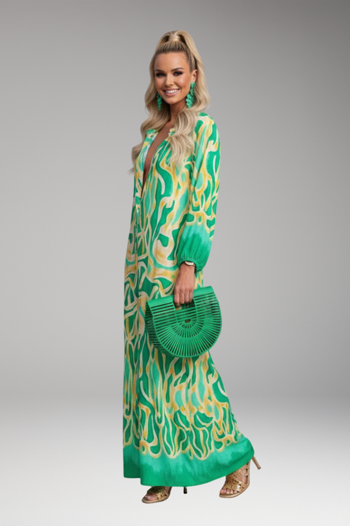Women's Maxi Dress with Printed Surface and Long Sleeves