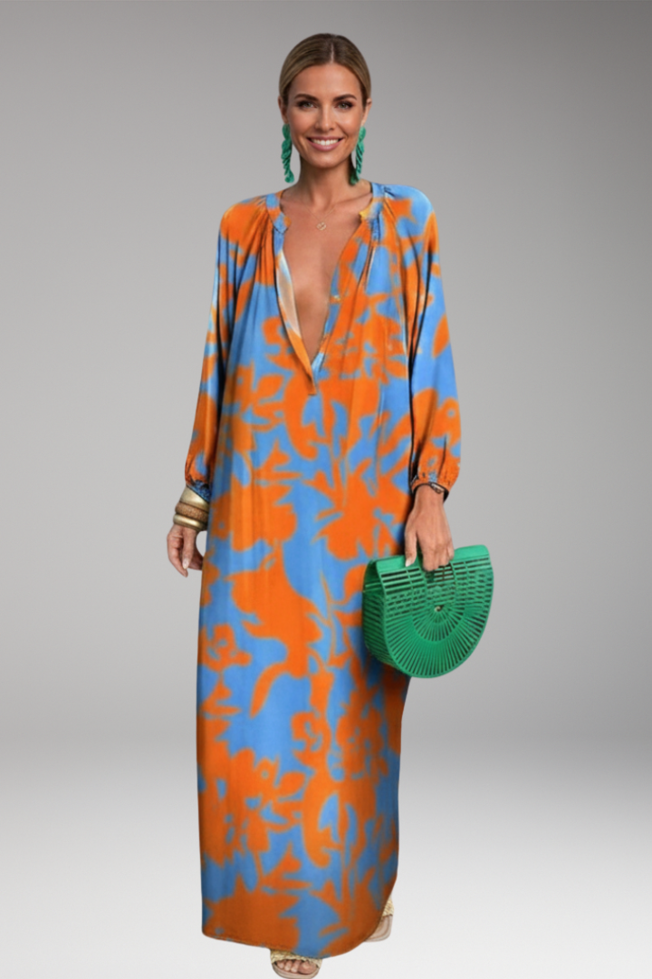 Women's Maxi Dress with Printed Surface and Long Sleeves