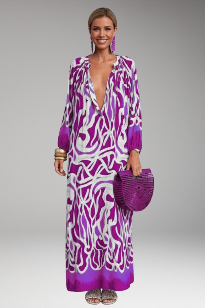 Women's Maxi Dress with Printed Surface and Long Sleeves