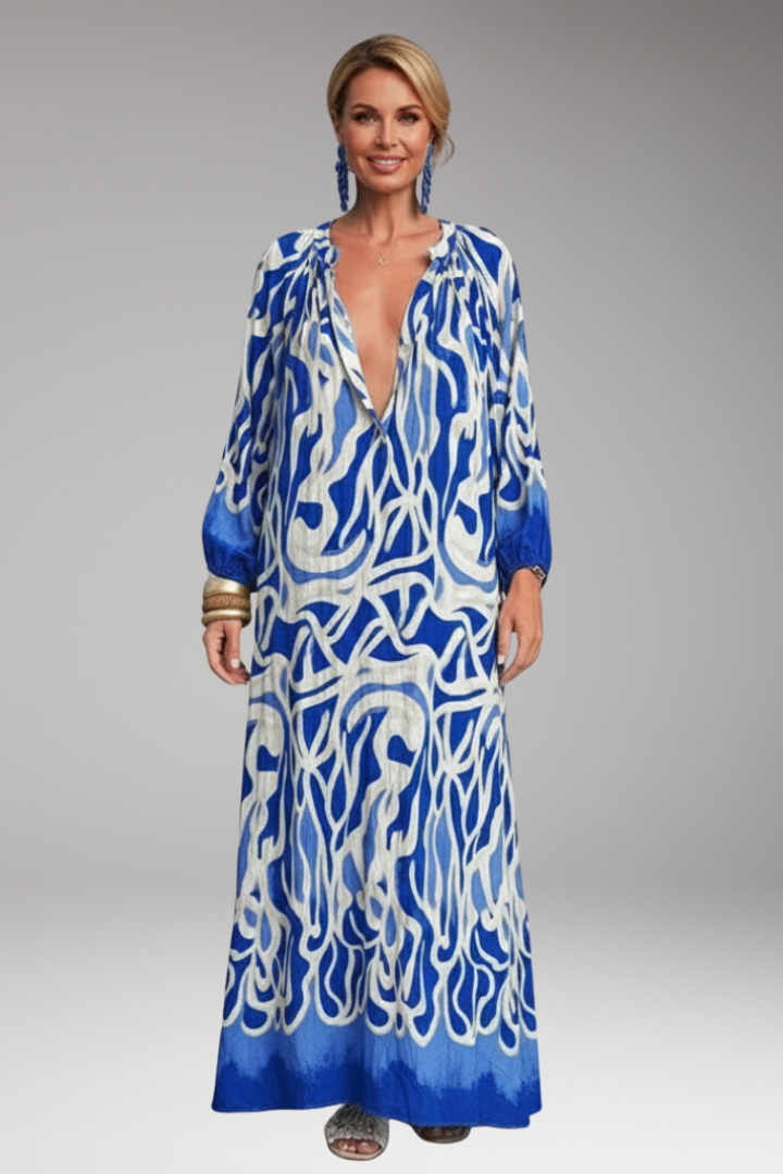 Women's Maxi Dress with Printed Surface and Long Sleeves