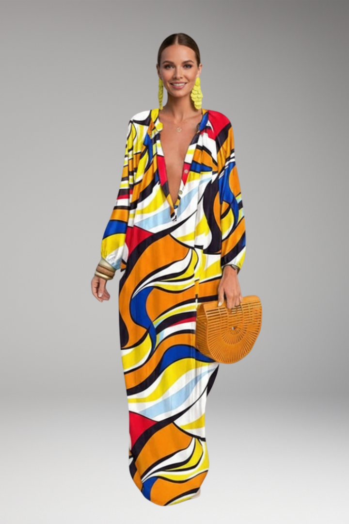 Women's Maxi Dress with Printed Surface and Long Sleeves