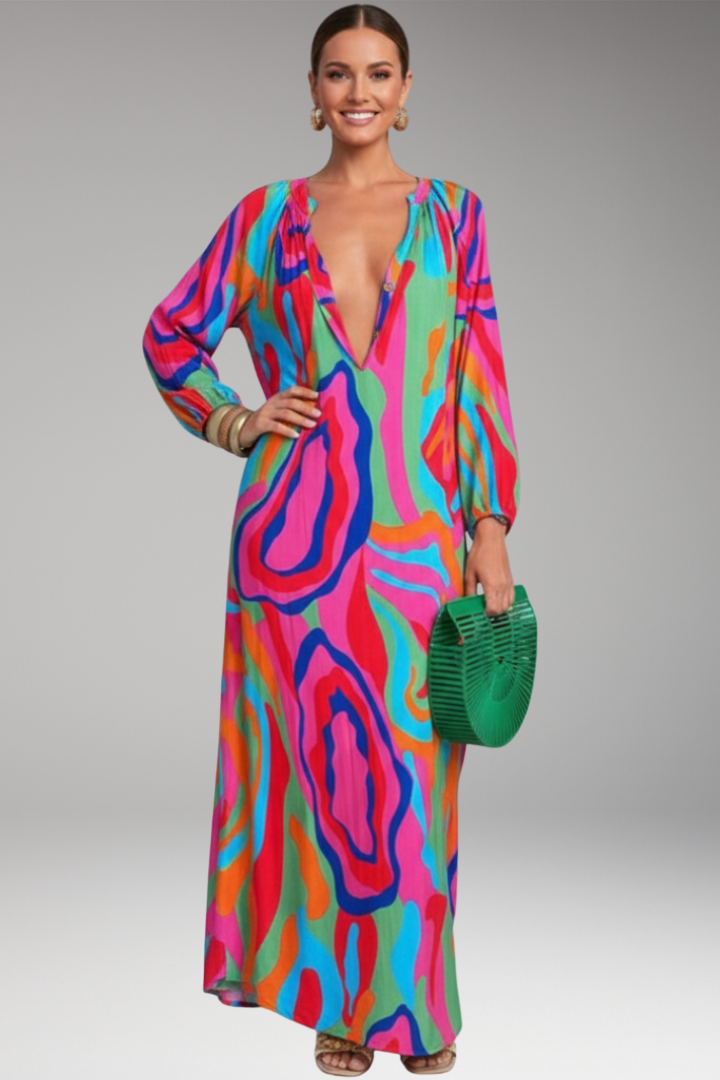 Women's Maxi Dress with Printed Surface and Long Sleeves